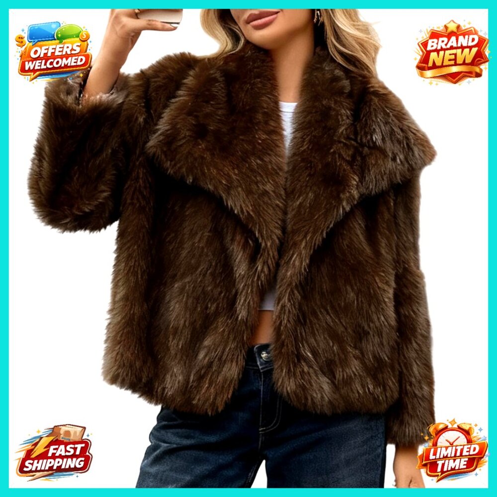 Faux Fur Coat Fluffy Shaggy Jacket Lapel Open Front Long Sleeve Winter Warm